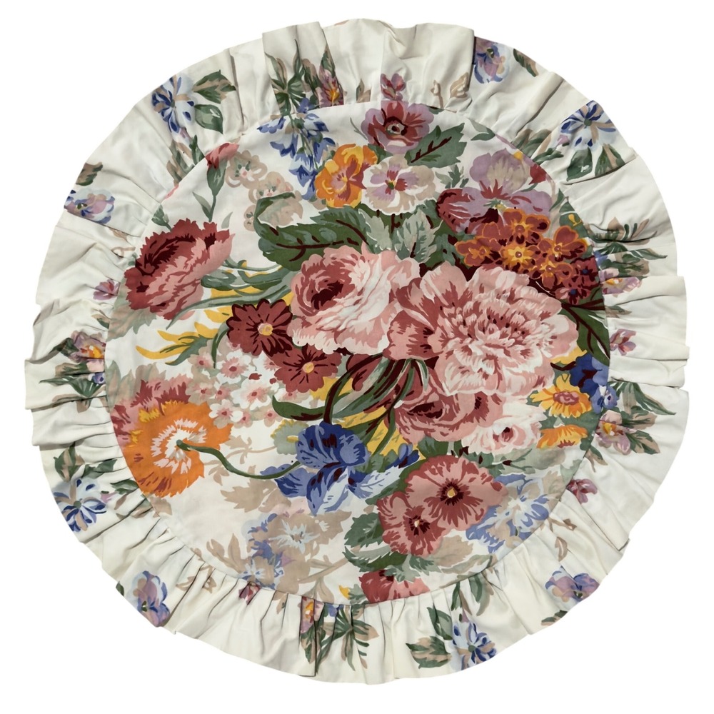 Vintage Floral Round Ruffle Pillow Cover 13" English Country Chintz Cottagecore
